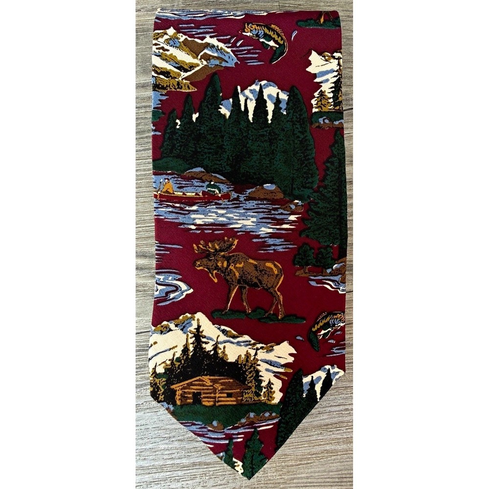 Huntington Silk Tie Burgundy Scenic Nature Print Woven Green Blue Tan